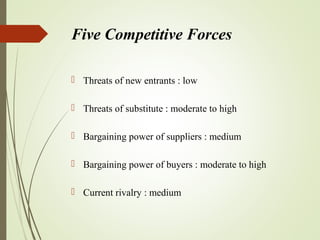 Five Competitive Forces
 Threats of new entrants : low
 Threats of substitute : moderate to high
 Bargaining power of suppliers : medium
 Bargaining power of buyers : moderate to high
 Current rivalry : medium
 