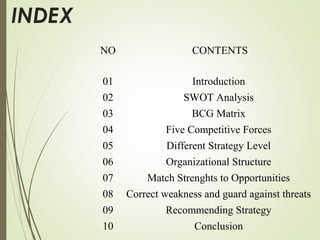 INDEX
NO CONTENTS
01 Introduction
02 SWOT Analysis
03 BCG Matrix
04 Five Competitive Forces
05 Different Strategy Level
06 Organizational Structure
07 Match Strenghts to Opportunities
08 Correct weakness and guard against threats
09 Recommending Strategy
10 Conclusion
 