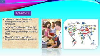 Unilever is one of the world’s
leading consumer goods
companies.
Everyday,2.5 billion people of the
world use Unilever products to feel
good, look good and get more out
of life.
About 25 millions people of
Bangladesh use Unilever products.
Consumers:
10
 