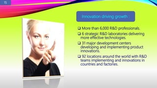  More than 6,000 R&D professionals.
 6 strategic R&D laboratories delivering
more effective technologies.
 31 major development centers
developing and implementing product
innovations.
 92 locations around the world with R&D
teams implementing and innovations in
countries and factories.
Innovation driving growth :
15
 
