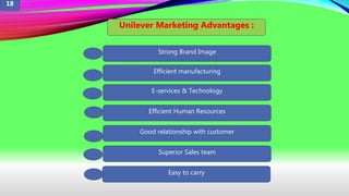 Efficient manufacturing
E-services & Technology
Efficient Human Resources
Good relationship with customer
Strong Brand Image
Superior Sales team
Easy to carry
Unilever Marketing Advantages :
18
 