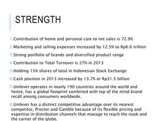 STRENGTH
1.Contribution of home and personal care to net sales is 72.9%
2.Marketing and selling expenses increased by 12.5% to Rp6.6 trillion
3.Strong portfolio of brands and diversified product range
4.Contribution to Total Turnover is 27% in 2013
5.Holding 15% shares of total in Indonesian Stock Exchange
6.Cash position in 2013 increased by 13.7% or Rp31.5 billion
7.Unilever operates in nearly 190 countries around the world and
hence, has a global footprint combined with top of the mind brand
recall among consumers worldwide.
8.Unilever has a distinct competitive advantage over its nearest
competitor, Proctor and Gamble because of its flexible pricing and
expertise in distribution channels that manage to reach the nook and
the corner of the globe.
 
