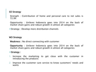 SO Strategy
Strength : Contribution of home and personal care to net sales is
72.9%
Opportunity : Unilever Indonesia goes into 2014 on the back of
market share gains and robust growth in almost all categories
Strategy : Develop more distribution channels
WO Strategy
Weakness : No direct connecting with customer
Opportunity : Unilever Indonesia goes into 2014 on the back of
market share gains and robust growth in almost all categories
Strategy :
1. Increase the marketing to get close with the customer in
introducing the products
2. Improve the customer care service to know customers’ needs and
wants
 