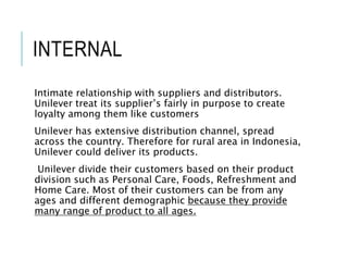 INTERNAL
Intimate relationship with suppliers and distributors.
Unilever treat its supplier’s fairly in purpose to create
loyalty among them like customers
Unilever has extensive distribution channel, spread
across the country. Therefore for rural area in Indonesia,
Unilever could deliver its products.
Unilever divide their customers based on their product
division such as Personal Care, Foods, Refreshment and
Home Care. Most of their customers can be from any
ages and different demographic because they provide
many range of product to all ages.
 