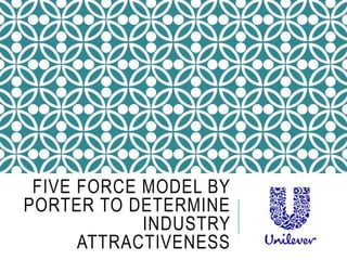 FIVE FORCE MODEL BY
PORTER TO DETERMINE
INDUSTRY
ATTRACTIVENESS
 