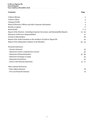 Unilever Nigeria Plc
Annual Report
Year ended 31 December 2016
Contents Page
Unilever Mission 2
Unilever Values 3
Company Profile 4
Board of Directors, Officers and other Corporate information 5
Results at a glance 6
Board Profile 7 - 9
Report of the Directors - Including Corporate Governance and Sustainability Reports 10 - 26
Statement of Directors' Responsibilities 27
Circular to Shareholders 28
Report of the Audit Committee to the members of Unilever Nigeria Plc 29
Report of the Independent Auditors to the Members 30 - 34
Financial statements:
- Income statement 35
- Statement of other comprehensive income 36
- Statement of financial position 37 - 38
- Statement of changes in equity 39
- Statement of cash flows 40
- Notes to the financial statements 41 - 77
Other national disclosures:
- Value added statement 78
- Five year financial summary 79
1
 