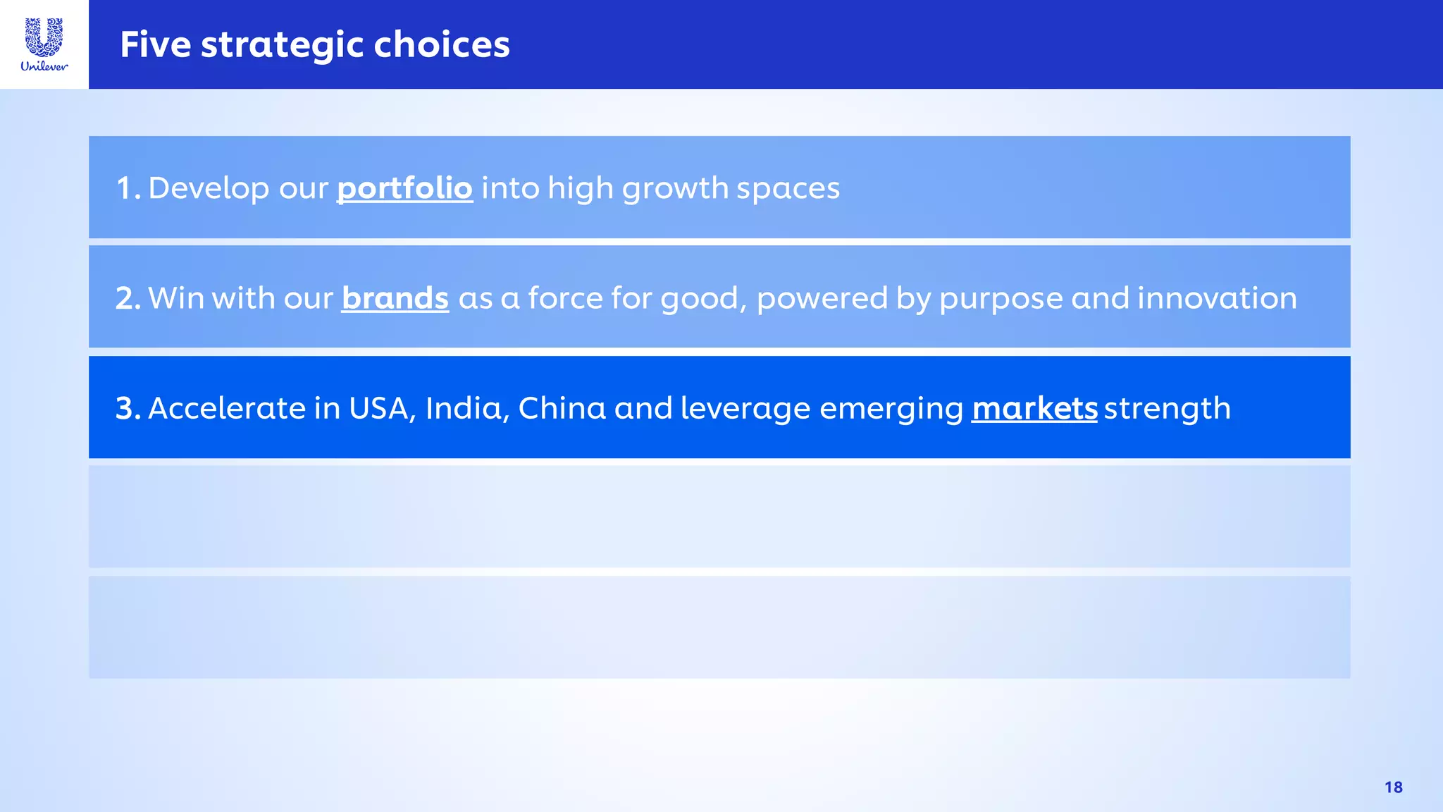 Five strategic choices
1. Develop our portfolio into high growth spaces
2. Win with our brands as a force for good, powered by purpose and innovation
3. Accelerate in USA, India, China and leverage emerging marketsstrength
18
 