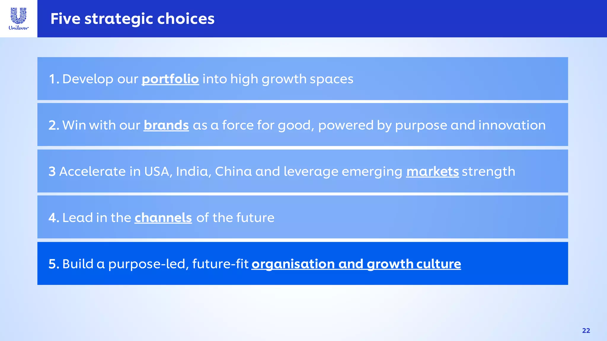 Five strategic choices
1. Develop our portfolio into high growth spaces
2. Win with our brands as a force for good, powered by purpose and innovation
3 Accelerate in USA, India, China and leverage emerging markets strength
4. Lead in the channels of the future
5. Build a purpose-led, future-fit organisation and growth culture
22
 