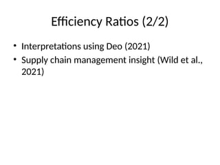 Efficiency Ratios (2/2)
• Interpretations using Deo (2021)
• Supply chain management insight (Wild et al.,
2021)
 