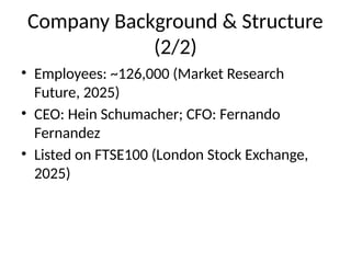 Company Background & Structure
(2/2)
• Employees: ~126,000 (Market Research
Future, 2025)
• CEO: Hein Schumacher; CFO: Fernando
Fernandez
• Listed on FTSE100 (London Stock Exchange,
2025)
 