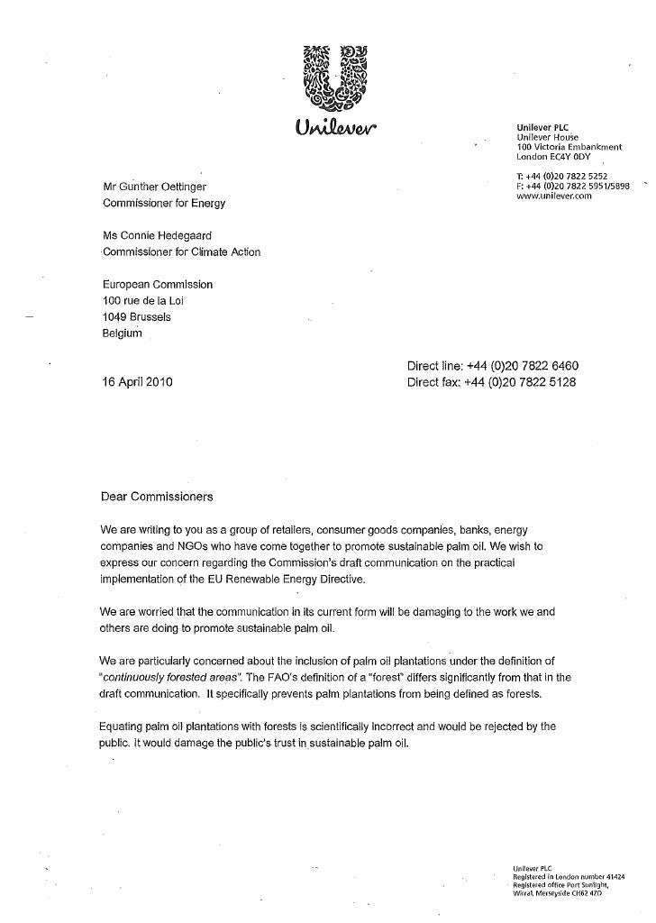 Unilever letter to eu re forest f