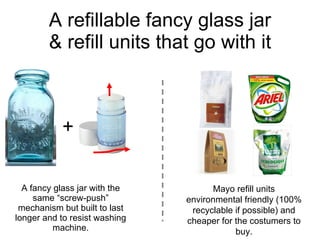 A refillable fancy glass jar & refill units that go with it A fancy glass jar with the same “screw-push” mechanism but built to last longer and to resist washing machine. Mayo refill units environmental friendly (100% recyclable if possible) and cheaper for the costumers to buy. + 