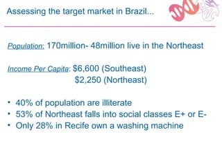 Assessing the target market in Brazil...


Population: 170million- 48million live in the Northeast


Income Per Capita: $6,600 (Southeast)
                  $2,250 (Northeast)

• 40% of population are illiterate
• 53% of Northeast falls into social classes E+ or E-
• Only 28% in Recife own a washing machine
 