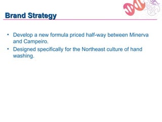 Brand Strategy

• Develop a new formula priced half-way between Minerva
  and Campeiro.
• Designed specifically for the Northeast culture of hand
  washing.
 
