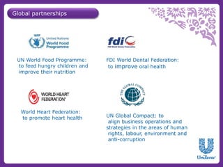Global partnerships 
UN World Food Programme: 
to feed hungry children and 
improve their nutrition 
FDI World Dental Federation: 
to improve oral health 
World Heart Federation: 
to promote heart health UN Global Compact: to 
align business operations and 
strategies in the areas of human 
rights, labour, environment and 
anti-corruption 
 