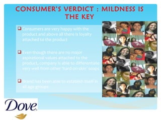 CONSUMER’S VERDICT : MILDNESS IS THE KEY Consumers are very happy with the product and above all there is loyalty attached to the product  Even though there are no major aspirational values attached to the product, company is able to differentiate very well from other ‘hard-on-skin’ soaps Brand has been able to establish itself in all age groups 