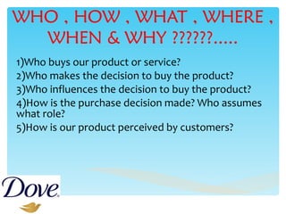 WHO , HOW , WHAT , WHERE , WHEN & WHY ??????..... 1)Who buys our product or service? 2)Who makes the decision to buy the product? 3)Who influences the decision to buy the product? 4)How is the purchase decision made? Who assumes what role? 5)How is our product perceived by customers? 
