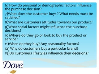 6) How do personal or demographic factors influence the purchase decision? 7)What does the customer buys ? What needs must be satisfied? 8)What are customers attitudes towards our product? 9)What social factors might influence the purchase decisions? 10)Where do they go or look to buy the product or service? 11)When do they buy? Any seasonality factors? 12) Why do customers buy a particular brand? 13)Do customers lifestyles influence their decisions? 