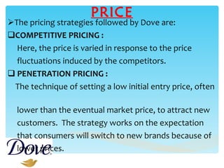 PRICE The pricing strategies followed by Dove are:  COMPETITIVE PRICING : Here, the price is varied in response to the price  fluctuations induced by the competitors. PENETRATION PRICING : The technique of setting a low initial entry price, often  lower than the eventual market price, to attract new  customers.  The strategy works on the expectation  that consumers will switch to new brands because of  lower prices. 