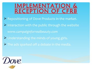 IMPLEMENTATION & RECEPTION OF CFRB Repositioning of Dove Products in the market. Interaction with the public through the website  www.campaignforrealbeauty.com Understanding the minds of young girls. The ads sparked off a debate in the media. 