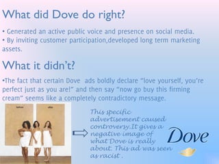 What did Dove do right?
•
•
What it didn’t?
•
This specific
advertisement caused
controversy.It gives a
negative image of
what Dove is really
about. This ad was seen
as racist .
 