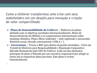 Como a Unilever transformou uma crise com seus
stakeholders em um desafio para inovação e criação
de valor compartilhado

1- Plano de Sustentabilidade da Unilever – Elaborou um plano
   alinhado com os objetivos acordados internacionalmente, Metas de
   Desenvolvimento do Milênio e os compromissos internacionais sobre
   mudança climática. Plano>Meta>indicador – tudo registrado e mensurado.
   Relatório anual, checado externamente ( GRI A + ).
2 - Governança – Trouxe a RSC para dentro da gestão estratégica. Criou um
   ‘Comitê de Diretores para Responsabilidade e Reputação Corporativa’,
   liderado diretamente pelo CEO da Unilever. Cada um dos elementos
   principais do plano é liderado por um executivo responsável por atingir as
   metas até as respectivas datas previstas. Este plano é revisto
   trimestralmente.
.
 