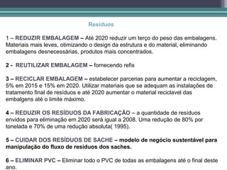 Resíduos

1 – REDUZIR EMBALAGEM – Até 2020 reduzir um terço do peso das embalagens.
Materiais mais leves, otimizando o design da estrutura e do material, eliminando
embalagens desnecessárias, produtos mais concentrados.

2 - REUTILIZAR EMBALAGEM – fornecendo refis

3 – RECICLAR EMBALAGEM – estabelecer parcerias para aumentar a reciclagem,
5% em 2015 e 15% em 2020. Utilizar materiais que se adequam as instalações de
tratamento final de resíduos e até 2020 aumentar o material reciclavel das
embalgens até o limite máximo.

4 – REDUZIR OS RESÍDUOS DA FABRICAÇÃO – a quantidade de resíduos
envidos para eliminação em 2020 será igual a 2008. Uma redução de 80% por
tonelada e 70% de uma redução absoluta( 1995).

5 – CUIDAR DOS RESÍDUOS DE SACHE – modelo de negócio sustentável para
manipulação do fluxo de resíduos dos saches.

6 – ELIMINAR PVC – Eliminar todo o PVC de todas as embalagens até o final deste
ano.
 