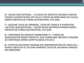 6 – CACAU SUSTENTÁVEL – O CACAU DO SORVETE MAGNUN VIRÁ DE
FONTES SUSTENTÁVEIS ATÉ 2015 E TODOS OS DERIVADOS SO CACAU
SERÃO OBTIDOS DE FORMA SUSTENTÁVEL ATÉ 2020.

7 – AÇUCAR, ÓLEO DE GIRASSOL, ÓLEO DE CANOLA E PRODUTOS
LÁCTEOS SUSTENTÁVEIS – TODAS ESTAS MATÉRIAS PRIMAS SERÃO
OBTIDAS DE FORMA SUSTENTÁVEL ATÉ 2020

8 – FAIRTRADE DO SORVETE BEM&JERRY’S – TODOS OS
INGREDIENTES DESTE PRODUTO QUE PODEM SER OBTIDOS ATRAVÉS
DE FAIRTRADE SERÃO CERTIFICADOS ATÉ 2013.

9 – OVOS DE GALINHAS CRIADAS EM LIBERDADE(FORA DE GAIOLAS) –
NOSSO OBJETIVO É UTILIZAR SOMENTE OVOS DE GALINHAS CRIADAS
EM LIBERDADE
 