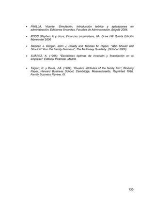 135
 PINILLA, Vicente. Simulación, Introducción teórica y aplicaciones en
administración; Ediciones Uniandes, Facultad de Administración, Bogotá 2004.
 ROSS Stephen A y otros; Finanzas corporativas, Mc Graw Hill Quinta Edición
febrero del 2000
 Stephen J. Dorgan, John J. Dowdy and Thomas M. Rippin, “Who Should and
Shouldn’t Run the Family Business”, The McKinsey Quarterly (October 2006)
 SUÁREZ, A. (1995): "Decisiones óptimas de inversión y financiación en la
empresa". Editorial Pirámide. Madrid.
 Tagiuri, R. y Davis, J.A. (1982): “Bivalent attributes of the family firm”, Working
Paper, Harvard Business School, Cambridge, Massachusetts, Reprinted 1996,
Family Business Review, IX.
 