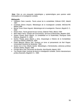 59
Nota: Esta es una propuesta metodológica y epistemológica para quienes estén
interesados en la investigación contable.
Bibliografía
 Cañibano Calvo Leandro. Teoría actual de la contabilidad, Editorial ICAC, Madrid
1997.
 Cuadrado Ebrero Amparo. Metodología de la investigación contable, McGraw-Hill,
Madrid 1998.
 Bernal Torres César Augusto. Metodología de la investigación, Pearson, Bogotá D. C.,
2000
 Kelsen Hans. Teoría general de las normas, Editorial Trillas, México 1994
 Marín Marín Henry. Gestión del Conocimiento, Servicios profesionales, Medellín 2005
 Suárez Pineda Jesús Alberto. La contabilidad en la modernidad, Rodríguez Quito
Editores, Bogotá D. C., 2006
 Suárez Pineda Jesús Alberto y otros. Arqueología e Historia de la Contabilidad,
Convenio FIDESC-UNINCCA, 2004.
 Prada Márquez Blanca Inés. Ensayos en torno al pensamiento de Kart Popper,
Universidad Industrial de Santander, 1994.
 Suárez de la Cruz Alberto Camilo. Metodología y Hermenéutica, ediciones jurídicas
Gustavo Ibáñez, Bogotá, 1998.
 Ferrater Mora José. Diccionario de filosofía, Ariel filosofía, Madrid, 2001.
 Tua Pereda Jorge. Lecturas de teoría e investigación contable, Centro interamericano
jurídico-financiero, Bogotá D. C., 1995.
 
