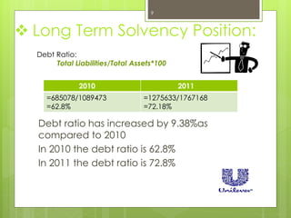 Debt ratio has increased by 9.38%as
compared to 2010
In 2010 the debt ratio is 62.8%
In 2011 the debt ratio is 72.8%
 Long Term Solvency Position:
Debt Ratio:
Total Liabilities/Total Assets*100
2010 2011
=685078/1089473
=62.8%
=1275633/1767168
=72.18%
9
 