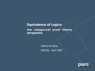 Equivalence of Logics:
the categorical proof theory
perspective



        Valeria de Paiva,
        UNILOG, April 2005
 