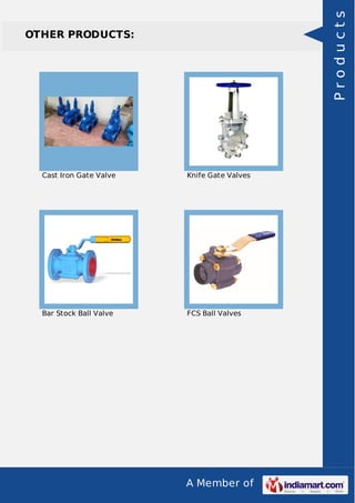 A Member of
OTHER PRODUCTS:
Cast Iron Gate Valve Knife Gate Valves
Bar Stock Ball Valve FCS Ball Valves
Products
 