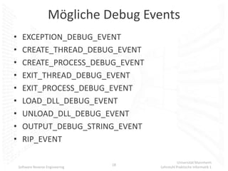 Mögliche Debug Events
•     EXCEPTION_DEBUG_EVENT
•     CREATE_THREAD_DEBUG_EVENT
•     CREATE_PROCESS_DEBUG_EVENT
•     EXIT_THREAD_DEBUG_EVENT
•     EXIT_PROCESS_DEBUG_EVENT
•     LOAD_DLL_DEBUG_EVENT
•     UNLOAD_DLL_DEBUG_EVENT
•     OUTPUT_DEBUG_STRING_EVENT
•     RIP_EVENT

                                                   Universität Mannheim
                                   18
    Software Reverse Engineering        Lehrstuhl Praktische Informatik 1
 