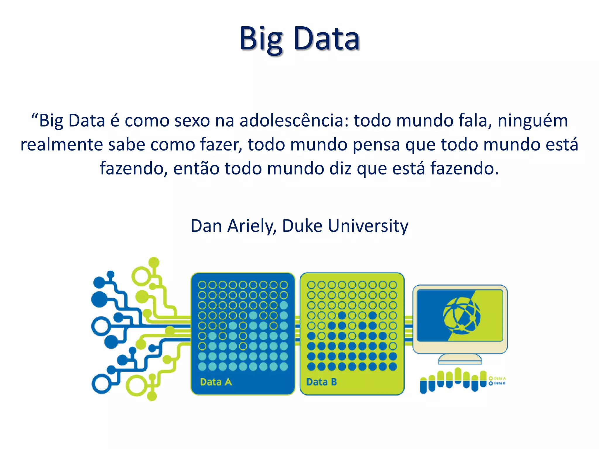 Big Data
“Big Data é como sexo na adolescência: todo mundo fala, ninguém
realmente sabe como fazer, todo mundo pensa que todo mundo está
fazendo, então todo mundo diz que está fazendo.
Dan Ariely, Duke University
 