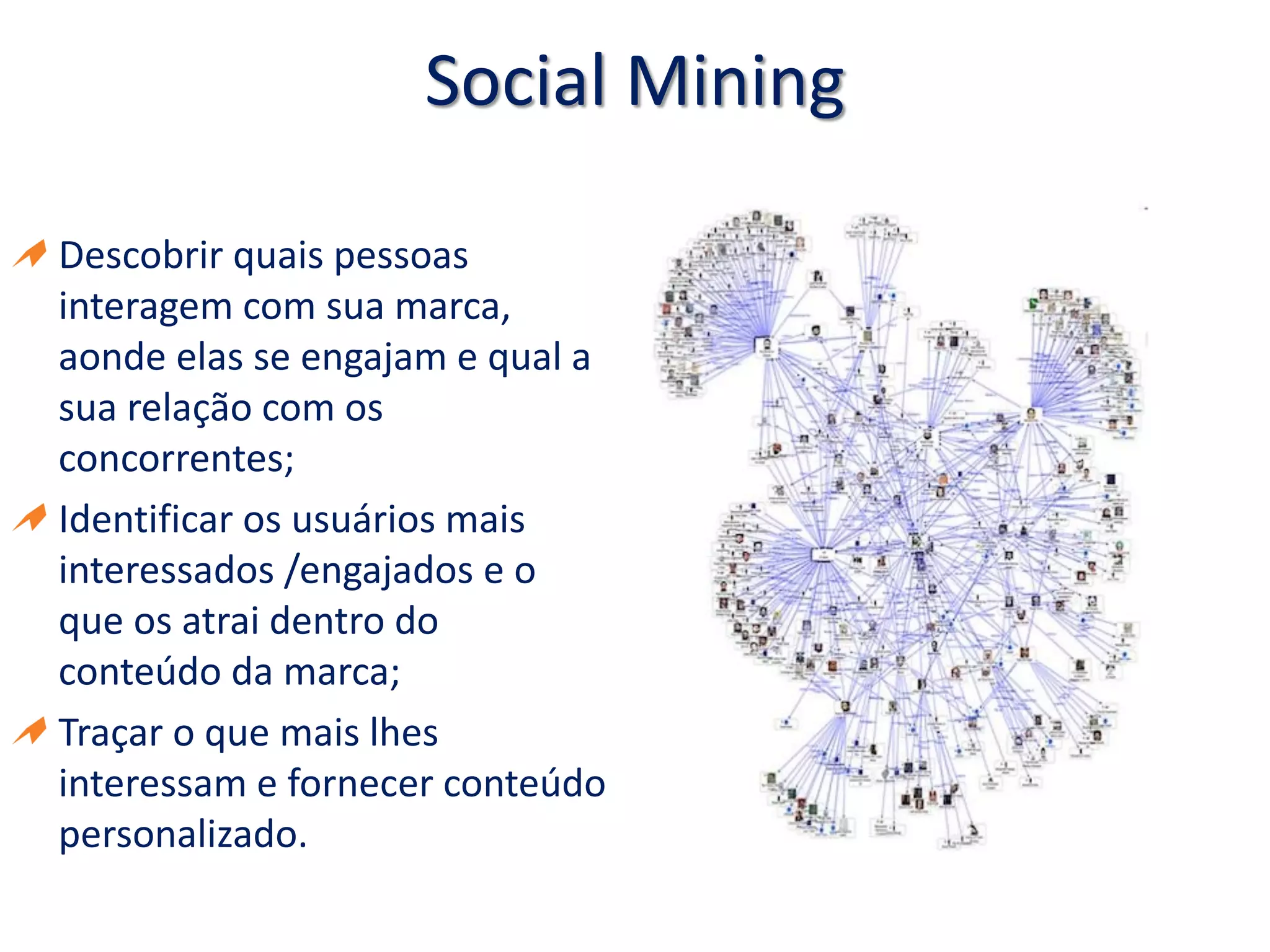 Social Mining
Descobrir quais pessoas
interagem com sua marca,
aonde elas se engajam e qual a
sua relação com os
concorrentes;
Identificar os usuários mais
interessados /engajados e o
que os atrai dentro do
conteúdo da marca;
Traçar o que mais lhes
interessam e fornecer conteúdo
personalizado.
 