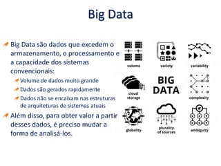 Big Data
Big Data são dados que excedem o
armazenamento, o processamento e
a capacidade dos sistemas
convencionais:
Volume de dados muito grande
Dados são gerados rapidamente
Dados não se encaixam nas estruturas
de arquiteturas de sistemas atuais
Além disso, para obter valor a partir
desses dados, é preciso mudar a
forma de analisá-los.
 