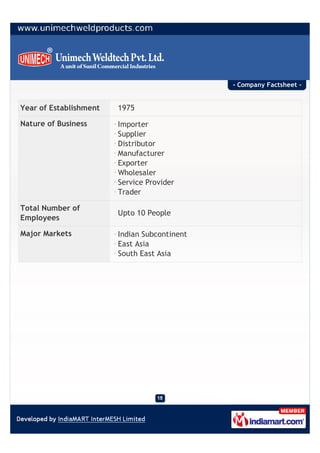 - Company Factsheet -


Year of Establishment   1975

Nature of Business      Importer
                        Supplier
                        Distributor
                        Manufacturer
                        Exporter
                        Wholesaler
                        Service Provider
                        Trader

Total Number of
                        Upto 10 People
Employees

Major Markets           Indian Subcontinent
                        East Asia
                        South East Asia
 