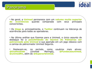 Panorama No geral, a  Unimed  permanece com um  volume muito superior de ocorrências  quando comparada com seus principais concorrentes.  Os  blogs  e, principalmente, o  Twitter  continuam na liderança de ocorrências para todas as operadoras. Na última análise que fizemos para a Unimed, o único assunto de destaque foi  a  possibilidade do técnico do Palmeiras ser patrocinado pela Unimed  e sua aparição em um jogo clássico com a camisa do patrocinador Unimed Seguros . Destacam-se, no período, como usuários mais ativos:  @ExalteaVida  (Unimed Maringá),  @Fundacaounimed, @unimedfln , além do  @SuperarUnimed . 