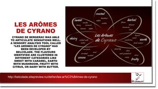 LES ARÔMES
DE CYRANO
CYRANO DE BERGERAC WAS ABLE
TO ARTICULATE SENSATIONS WELL.
A SENSORY ANALYSIS TOOL CALLED
“LES ARÔMES DE CYRANO” HAS
BEEN DEVELOPED BY
BELCOLADE. THE FLAVOURS
IDENTIFIED ARE CLUSTERED IN
DIFFERENT CATEGORIES LIKE
SWEET WITH CARAMEL, EARTH
WITH MUSHROOM, FRUITY WITH
CITRUS, OR DAIRY WITH BUTTER.
http://belcolade.sitepreview.nu/def/en/les-ar%C3%B4mes-de-cyrano
 