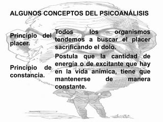 ALGUNOS CONCEPTOS DEL PSICOANÁLISIS
Principio del
placer.
Todos los organismos
tendemos a buscar el placer
sacrificando el dolo.
Principio de
constancia.
Postula que la cantidad de
energía o de excitante que hay
en la vida anímica, tiene que
mantenerse de manera
constante.
 