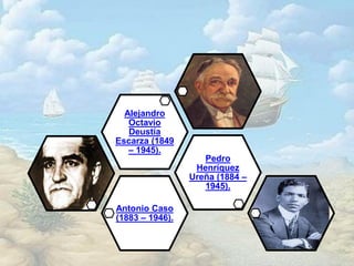 Antonio Caso
(1883 – 1946).
Pedro
Henríquez
Ureña (1884 –
1945).
Alejandro
Octavio
Deustía
Escarza (1849
– 1945).
 