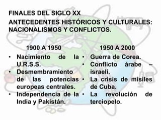 FINALES DEL SIGLO XX
ANTECEDENTES HISTÓRICOS Y CULTURALES:
NACIONALISMOS Y CONFLICTOS.
1900 A 1950 1950 A 2000
• Nacimiento de la
U.R.S.S.
• Desmembramiento
de las potencias
europeas centrales.
• Independencia de la
India y Pakistán.
• Guerra de Corea.
• Conflicto árabe –
israelí.
• La crisis de misiles
de Cuba.
• La revolución de
terciopelo.
 