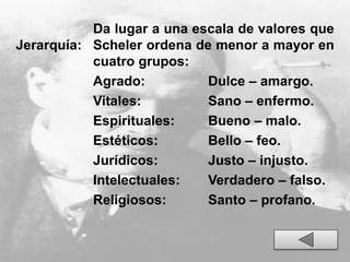 Jerarquía:
Da lugar a una escala de valores que
Scheler ordena de menor a mayor en
cuatro grupos:
Agrado: Dulce – amargo.
Vitales: Sano – enfermo.
Espirituales: Bueno – malo.
Estéticos: Bello – feo.
Jurídicos: Justo – injusto.
Intelectuales: Verdadero – falso.
Religiosos: Santo – profano.
 