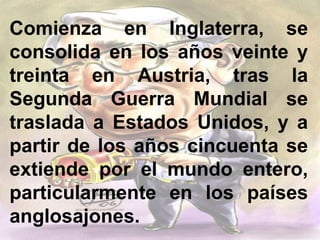 Comienza en Inglaterra, se
consolida en los años veinte y
treinta en Austria, tras la
Segunda Guerra Mundial se
traslada a Estados Unidos, y a
partir de los años cincuenta se
extiende por el mundo entero,
particularmente en los países
anglosajones.
 