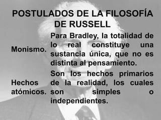 POSTULADOS DE LA FILOSOFÍA
DE RUSSELL
Monismo.
Para Bradley, la totalidad de
lo real constituye una
sustancia única, que no es
distinta al pensamiento.
Hechos
atómicos.
Son los hechos primarios
de la realidad, los cuales
son simples o
independientes.
 