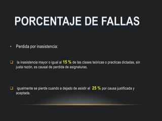 • Perdida por inasistencia:
 la inasistencia mayor o igual al 15 % de las clases teóricas o practicas dictadas, sin
justa razón, es causal de perdida de asignaturas.
 igualmente se pierde cuando a dejado de asistir el 25 % por causa justificada y
aceptada.
 