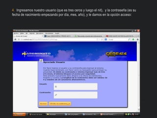 4. Ingresamos nuestro usuario (que es tres ceros y luego el nit), y la contraseña (es su
fecha de nacimiento empezando por día, mes, año), y le damos en la opción acceso:
 