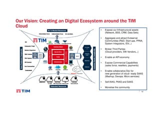 12
Our Vision: Creating an Digital Ecosystem around the TIM
Cloud
• Expose our Infrastructural assets
(Network, BSS, CRM, Data Sets)
• Aggregate and attract Extewrnal
Communities (R&D, Start-ups, PPAA,
System Integrators, ISV,..)
• Broker Third Parties
(Cloud providers, SW Vendors,..)
• Enable an API economy
• Expose Commercial Capabilities
(sales force, resellers, payments)
• Enable collaborative Dev for
new generation of cloud- ready SAAS
(Mashup, Devops. Micro services)
• Sell IAAS, PAAS and SAAS
• Monetise the community
 