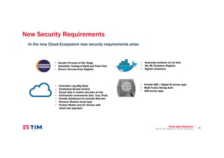 13
New Security Requirements
• In the new Cloud Ecosystem new security requirements arise:
Titolo della Relazione
Nome del Relatore, Nome Struttura
• Secuity Pre-scan at Dev Stage
• Automatic Testing at Build and Push Time
• Secure microservices Registry
• Scanning container at run time
• WL/BL Container Registry
• Signed containers
• Centralise Log (Big Data)
• Contextual Access Control
• Ecrypt data in motion and data at rest
• Orchestrate enviroments (Dev, Test, Prod)
• Provide Dashboard for security Risk Ass
• Discover Shadow cloud apps
• Protect Mobile and IoT devices with
client less approach
• Provide SSO / Digital ID across apps
• Multi Factor Strong Auth
• IAM across apps
 
